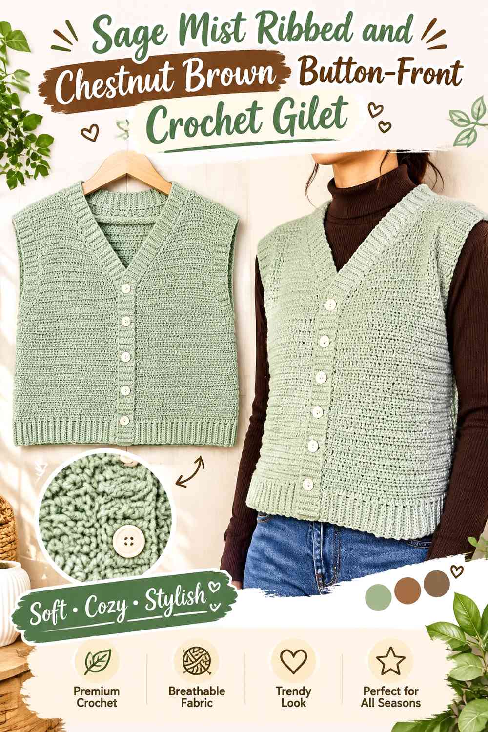 Sage Mist Ribbed and Chestnut Brown Button-Front Crochet Gilet