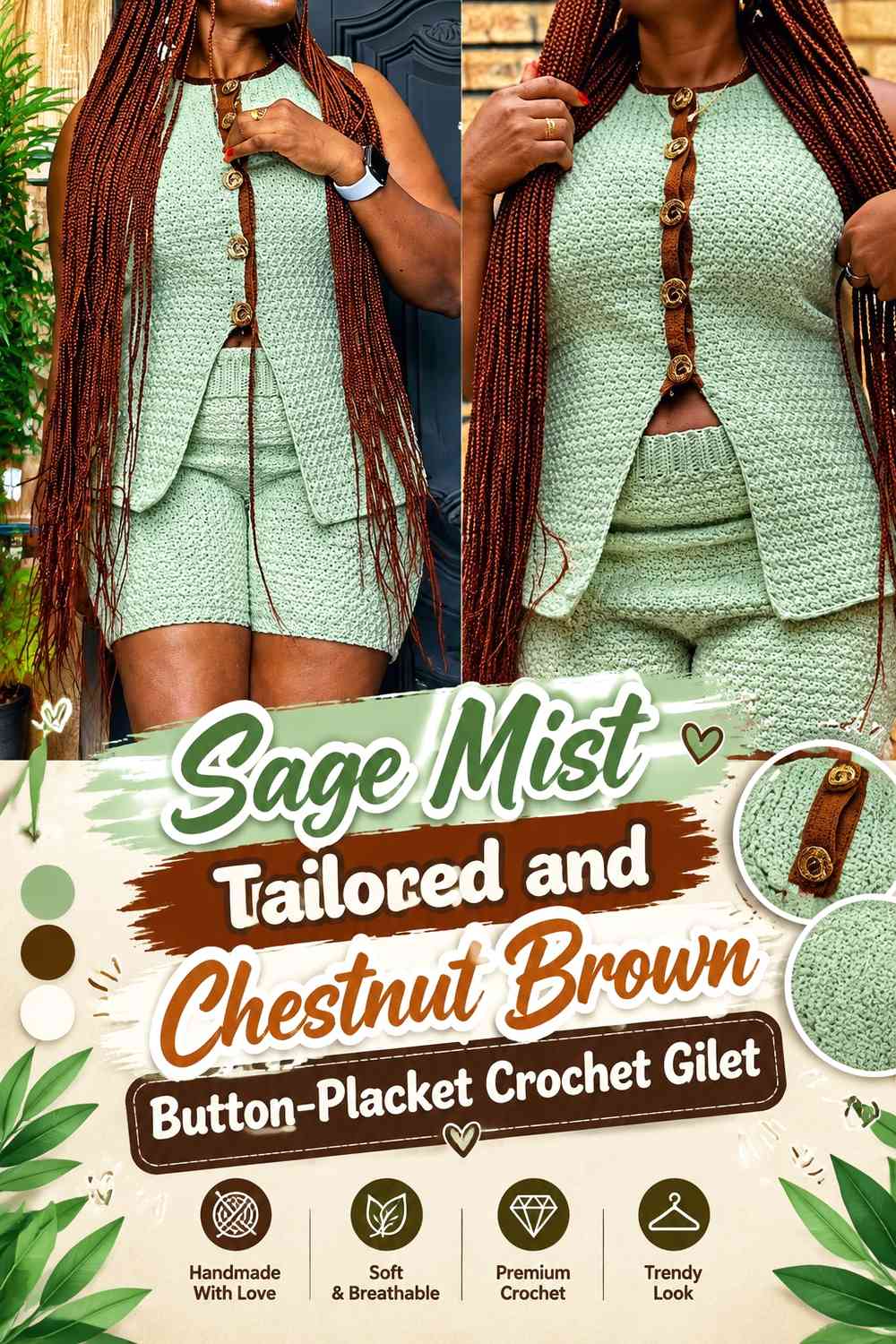 Sage Mist Tailored and Chestnut Brown Button-Placket Crochet Gilet