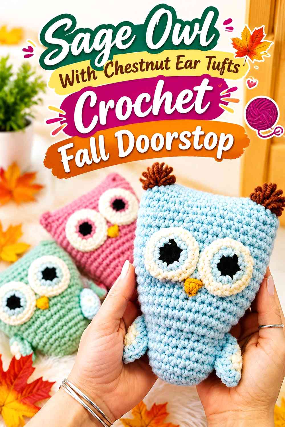 Sage Owl With Chestnut Ear Tufts Crochet Fall Doorstop