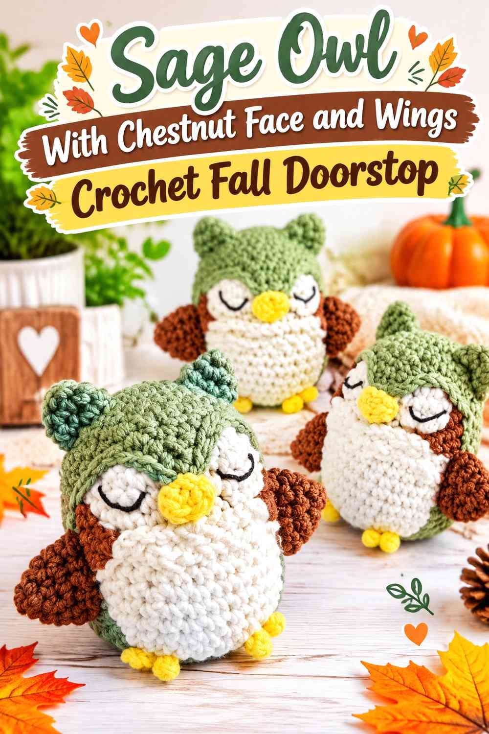 Sage Owl With Chestnut Face and Wings Crochet Fall Doorstop