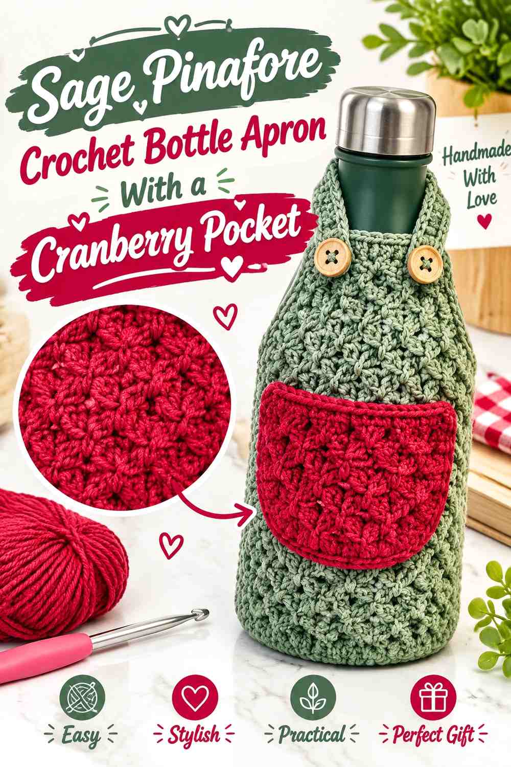 Sage Pinafore Crochet Bottle Apron With a Cranberry Pocket
