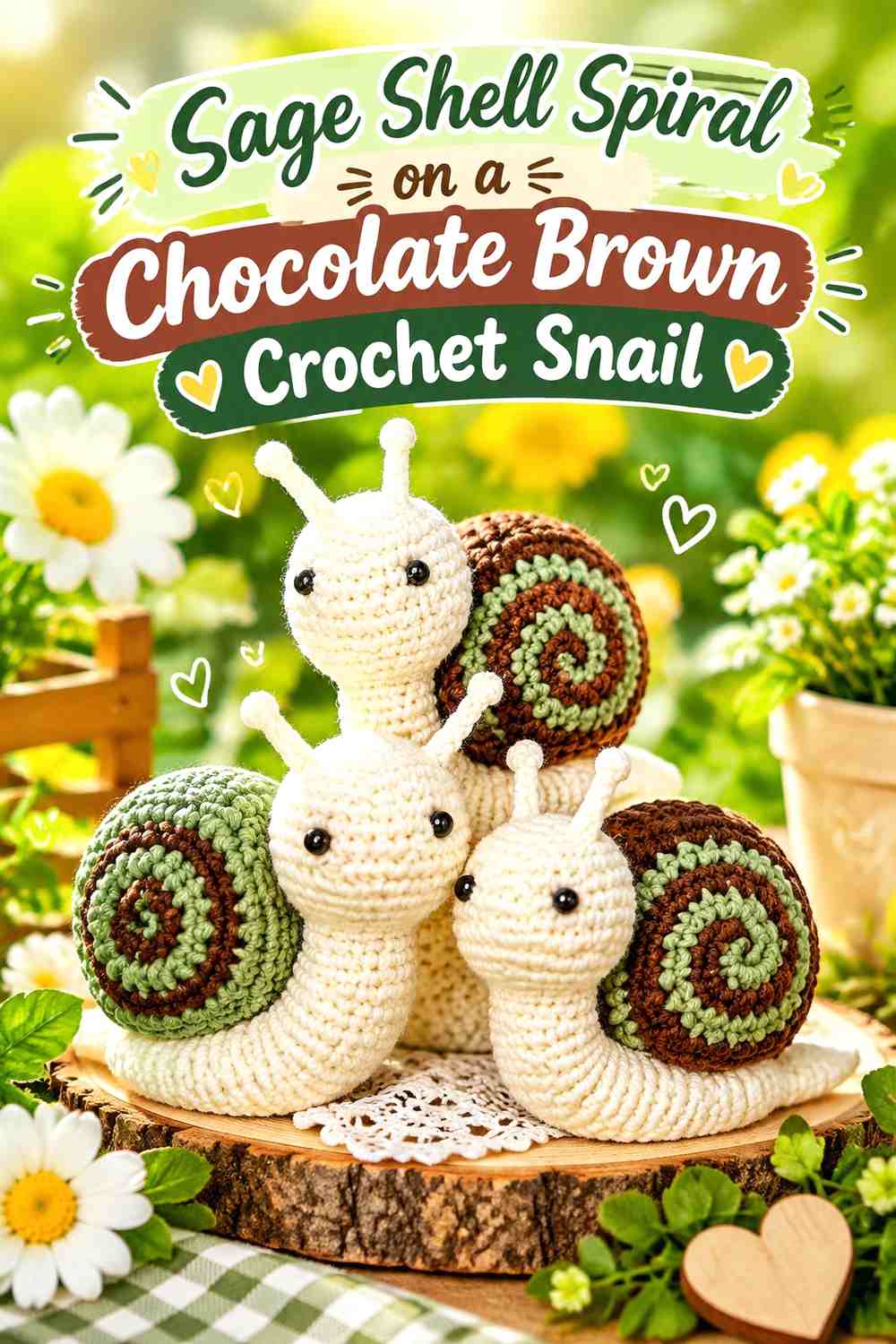 Sage Shell Spiral on a Chocolate Brown Crochet Snail