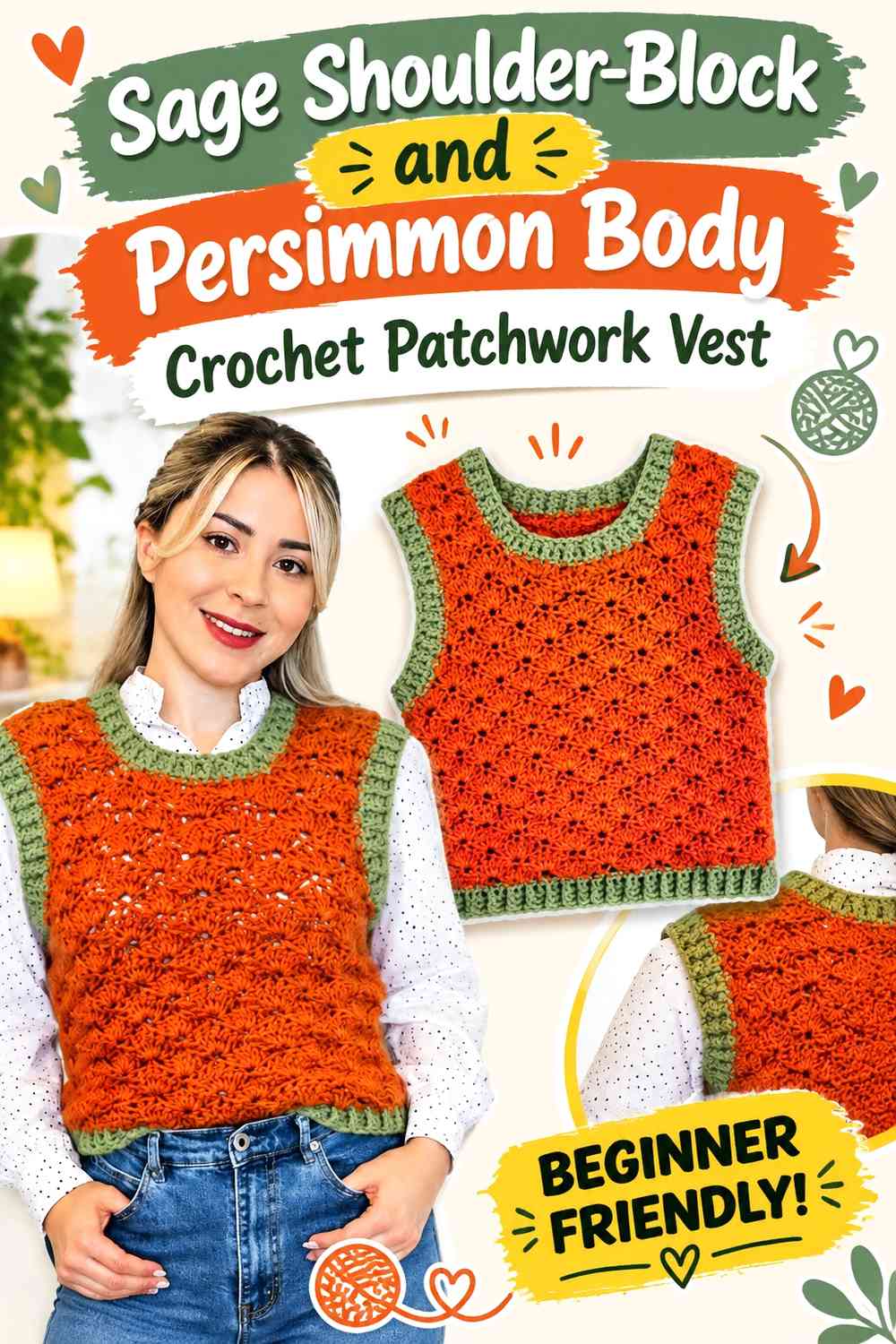 Sage Shoulder-Block and Persimmon Body Crochet Patchwork Vest