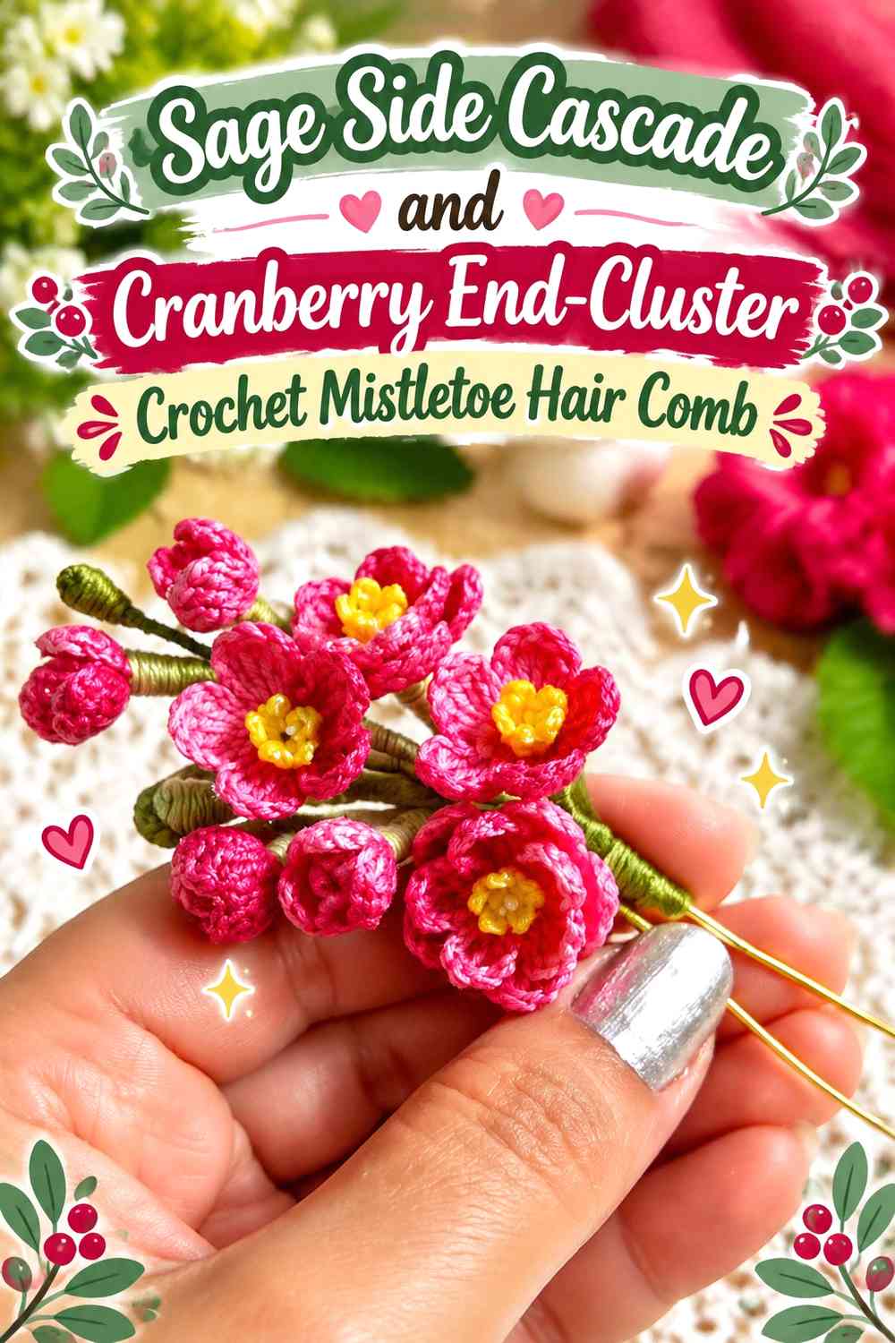 Sage Side Cascade and Cranberry End-Cluster Crochet Mistletoe Hair Comb