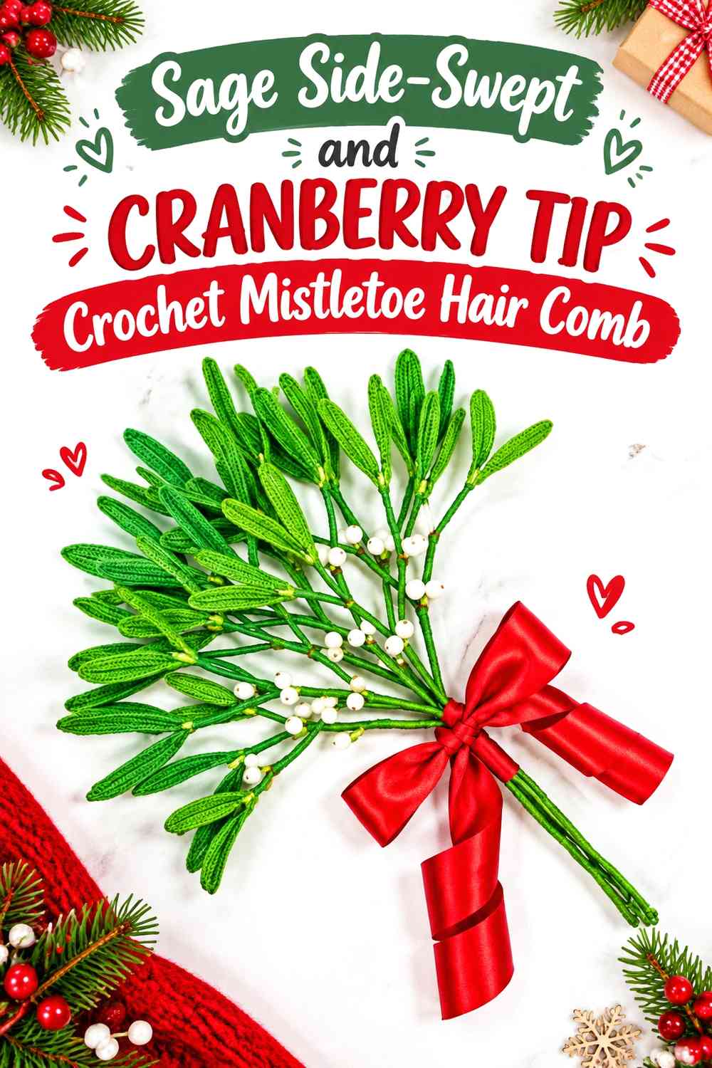 Sage Side-Swept and Cranberry Tip Crochet Mistletoe Hair Comb