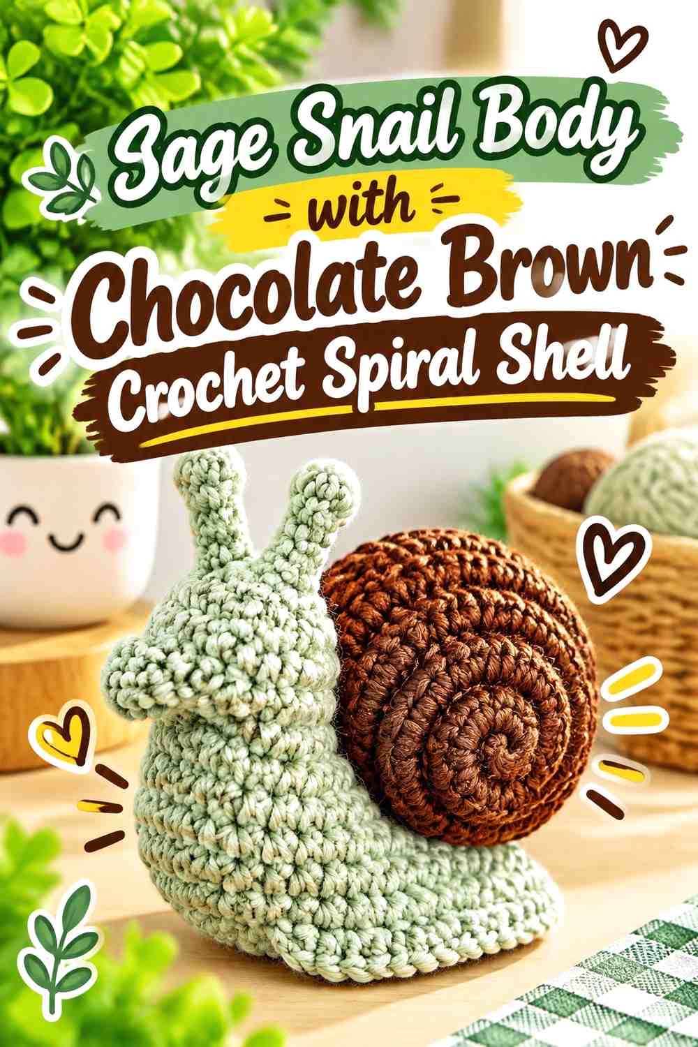 Sage Snail Body with Chocolate Brown Crochet Spiral Shell