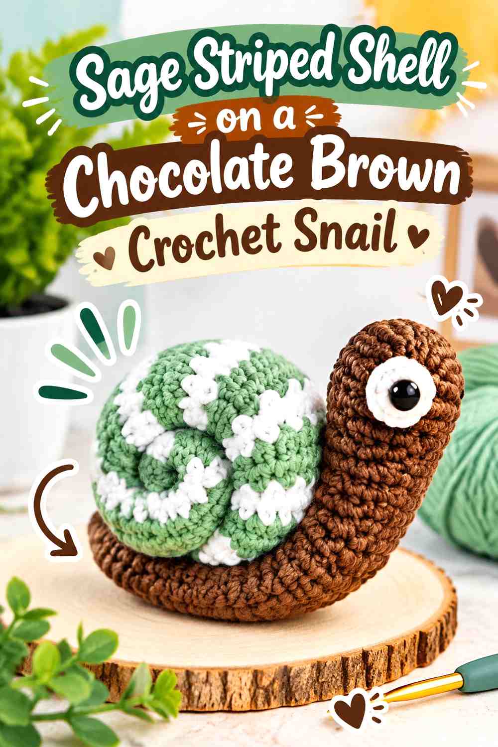 Sage Striped Shell on a Chocolate Brown Crochet Snail