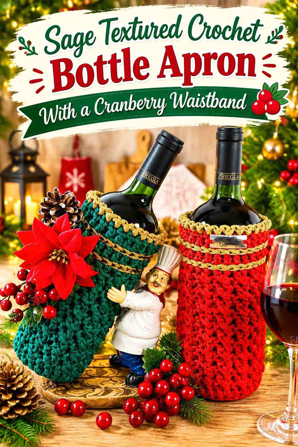 Sage Textured Crochet Bottle Apron With a Cranberry Waistband