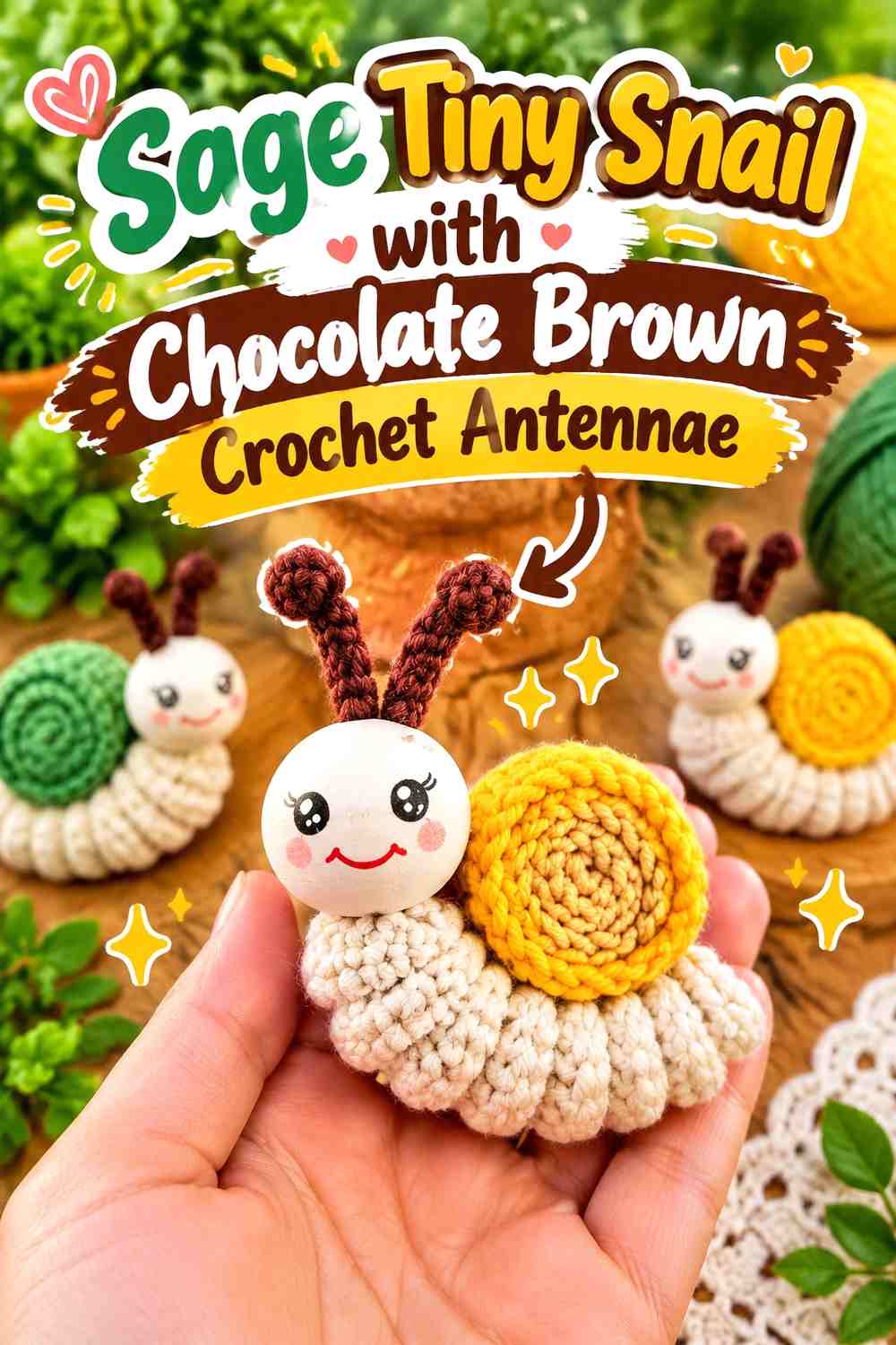 Sage Tiny Snail with Chocolate Brown Crochet Antennae