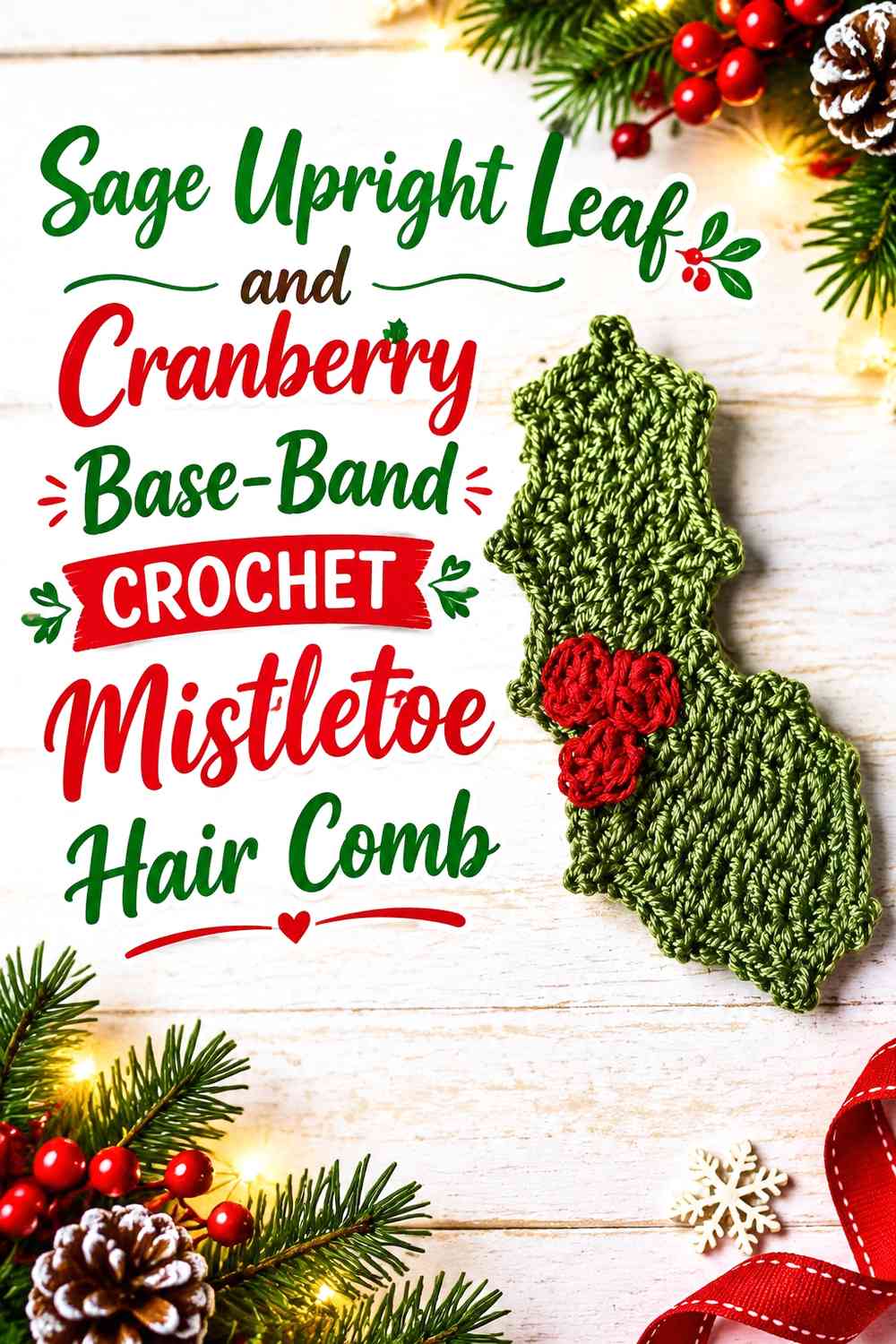 Sage Upright Leaf and Cranberry Base-Band Crochet Mistletoe Hair Comb