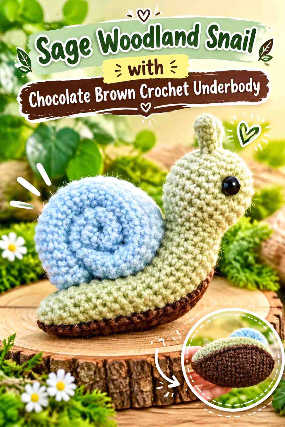 Sage Woodland Snail with Chocolate Brown Crochet Underbody