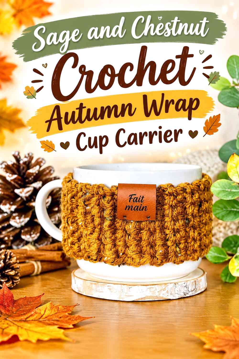 Sage and Chestnut Crochet Autumn Wrap Cup Carrier
