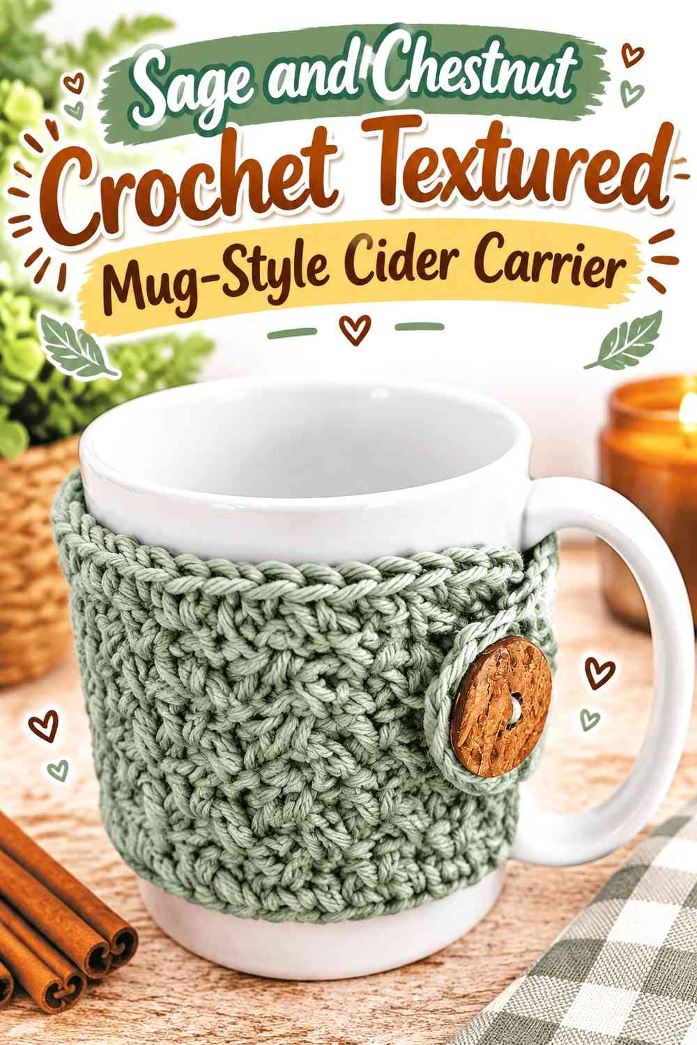 Sage and Chestnut Crochet Textured Mug-Style Cider Carrier