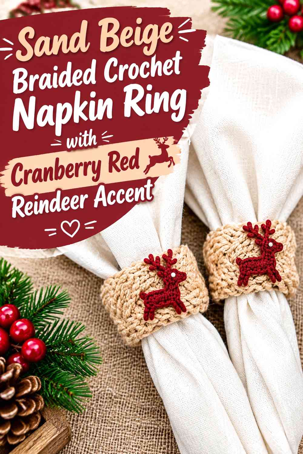 Sand Beige Braided Crochet Napkin Ring with Cranberry Red Reindeer Accent