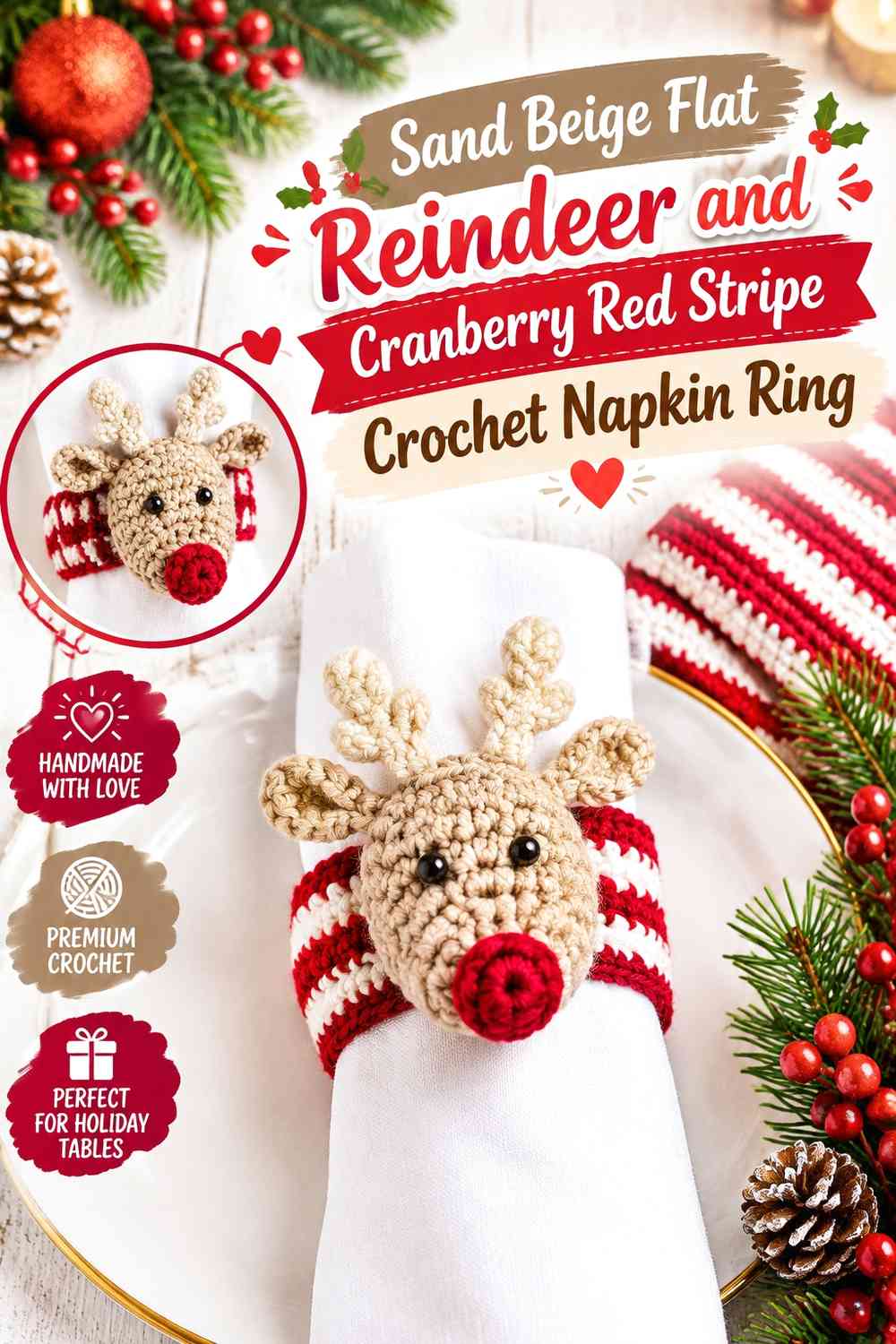Sand Beige Flat Reindeer and Cranberry Red Stripe Crochet Napkin Ring
