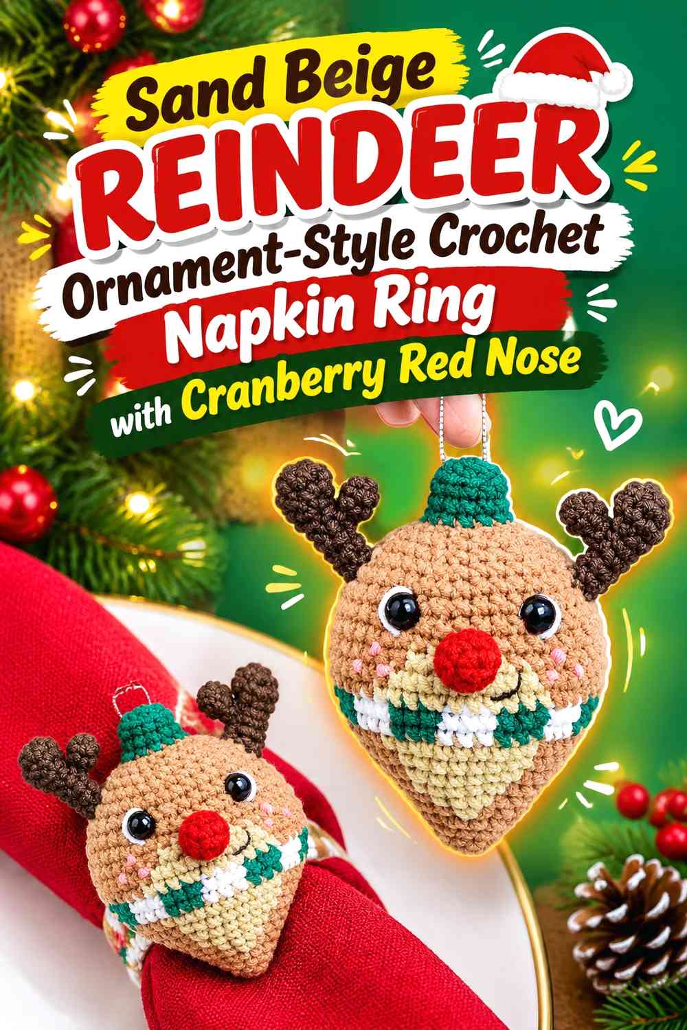 Sand Beige Reindeer Ornament-Style Crochet Napkin Ring with Cranberry Red Nose