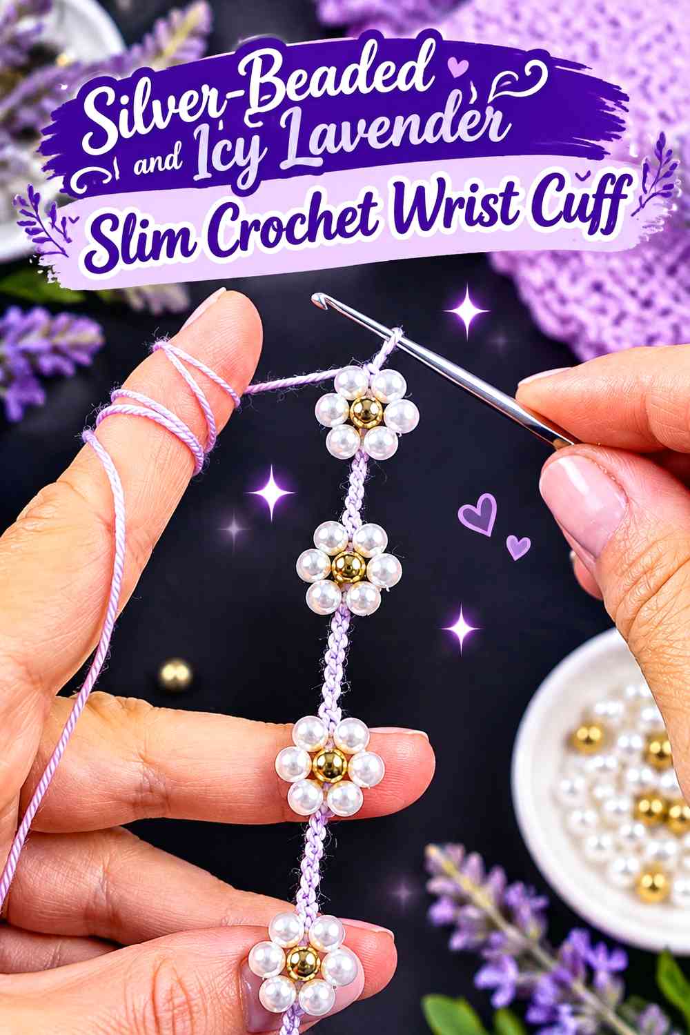 Silver-Beaded and Icy Lavender Slim Crochet Wrist Cuff
