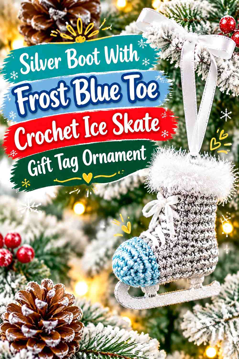 Silver Boot With Frost Blue Toe Crochet Ice Skate Gift Tag Ornament