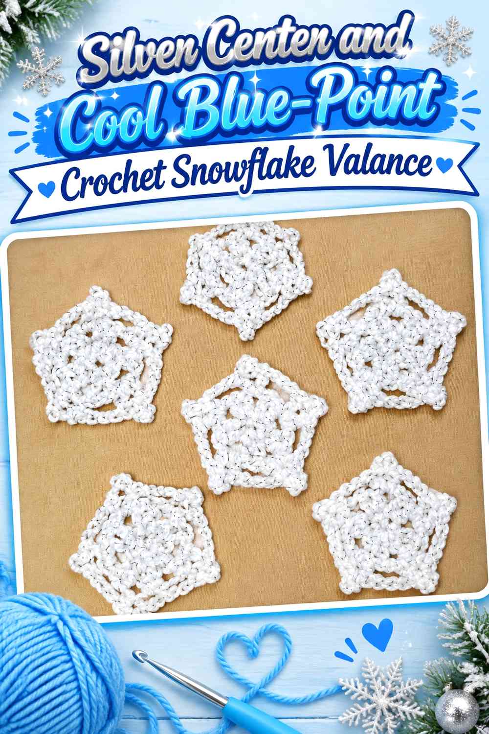 Silver Center and Cool Blue-Point Crochet Snowflake Valance