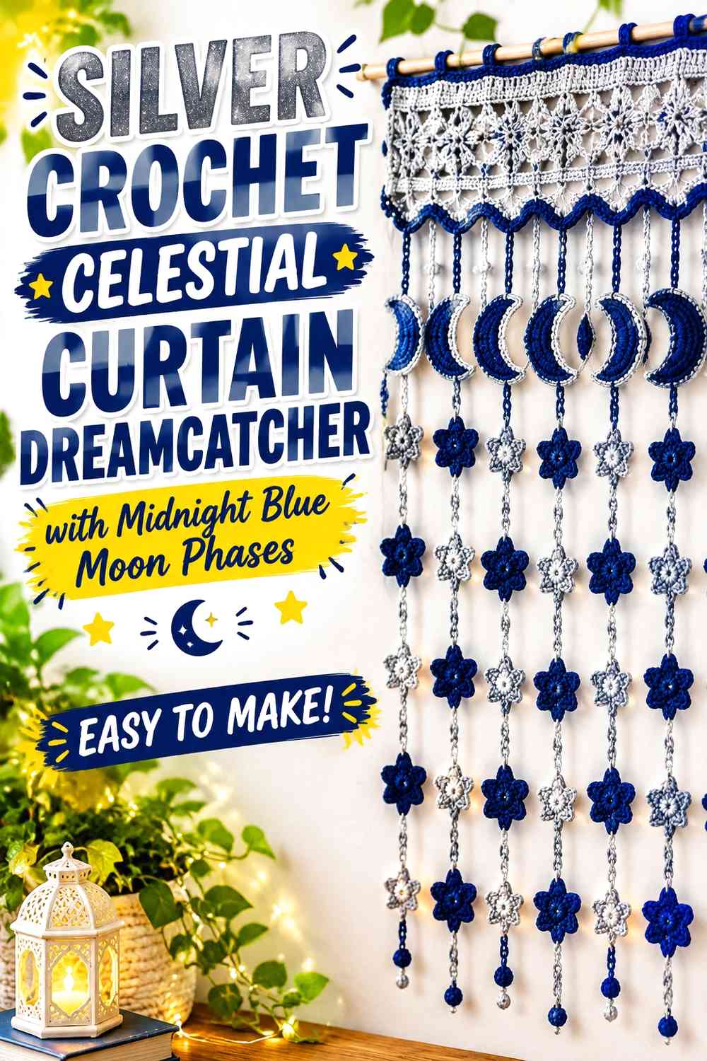 Silver Crochet Celestial Curtain Dreamcatcher with Midnight Blue Moon Phases