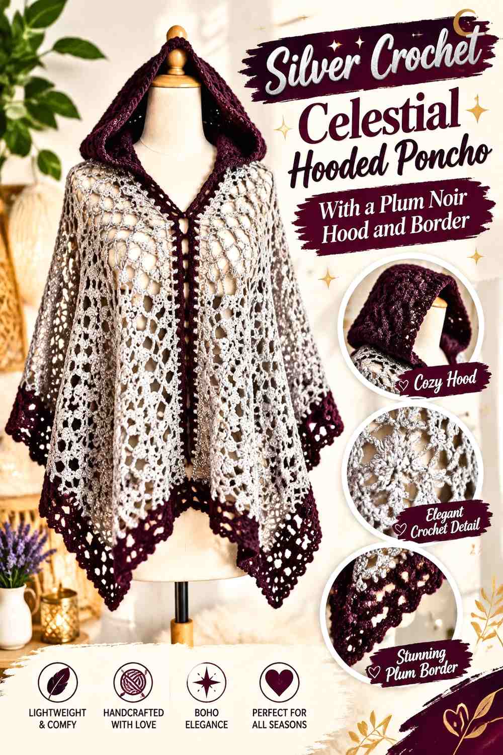 Silver Crochet Celestial Hooded Poncho With a Plum Noir Hood and Border