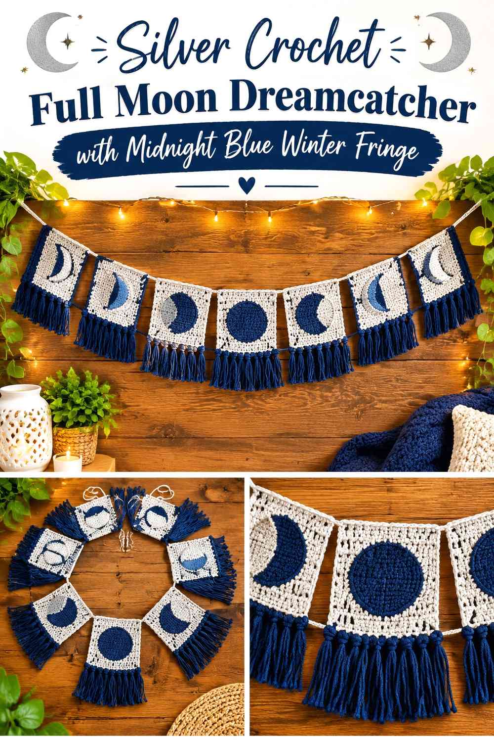 Silver Crochet Full Moon Dreamcatcher with Midnight Blue Winter Fringe