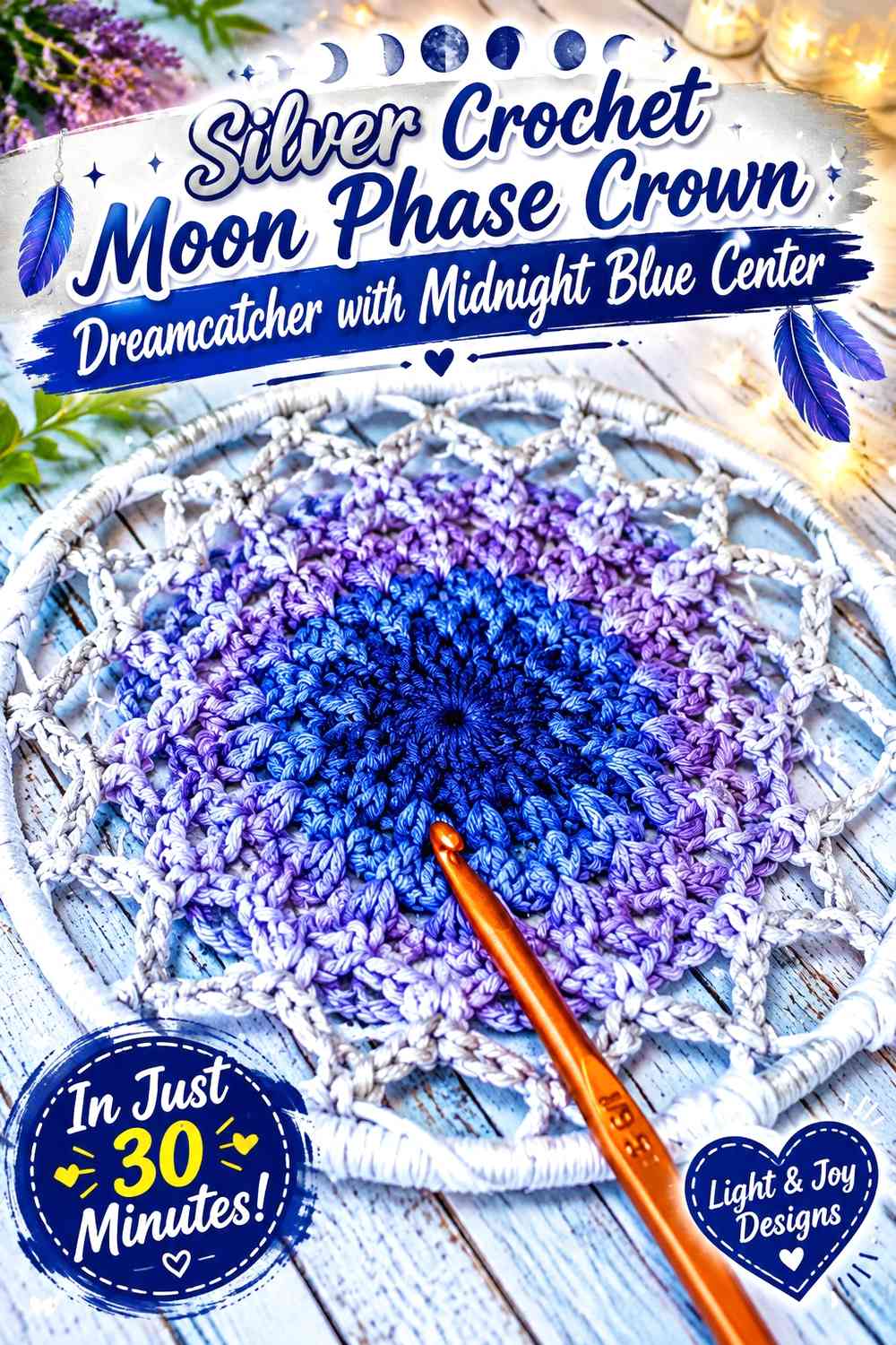 Silver Crochet Moon Phase Crown Dreamcatcher with Midnight Blue Center