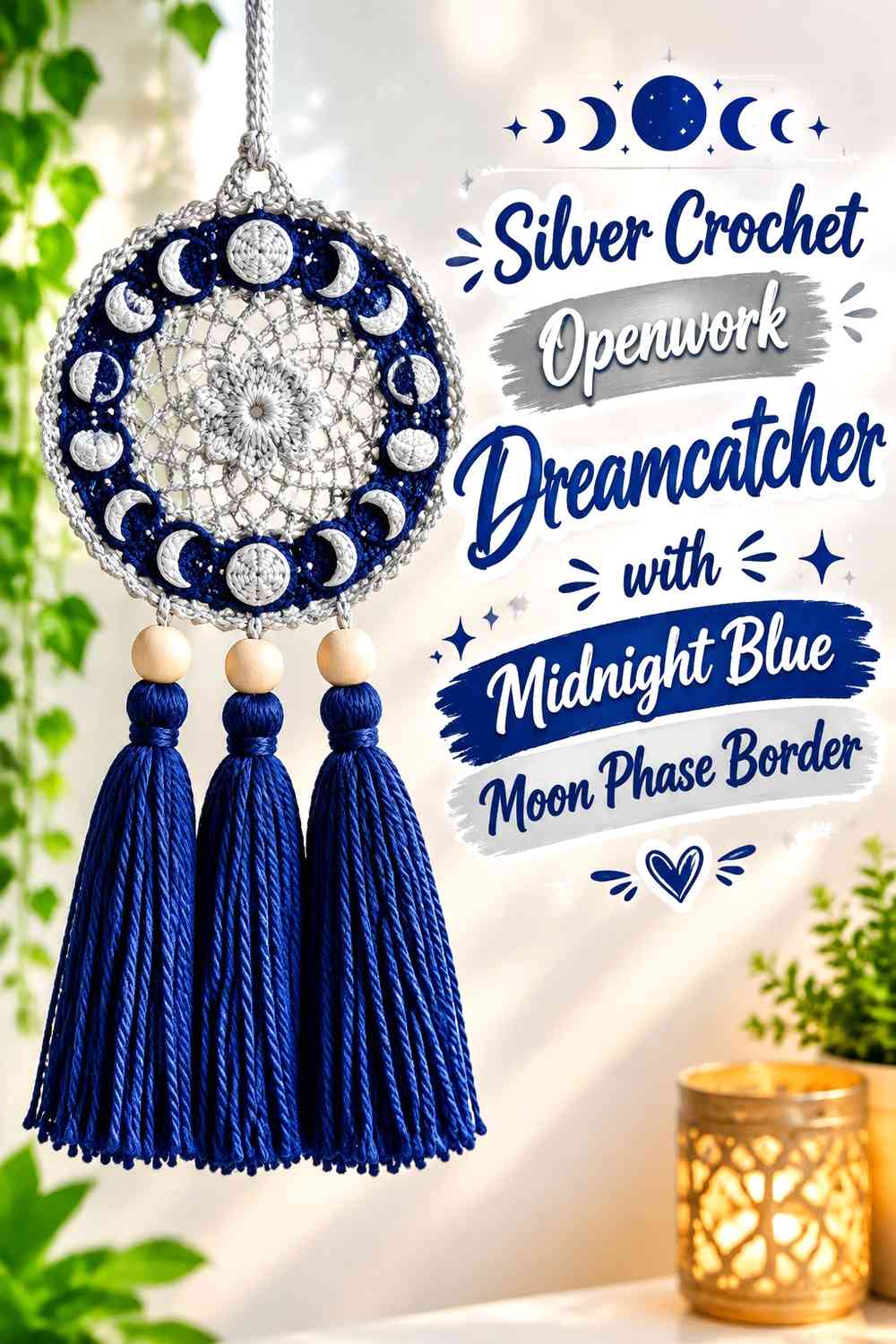Silver Crochet Openwork Dreamcatcher with Midnight Blue Moon Phase Border