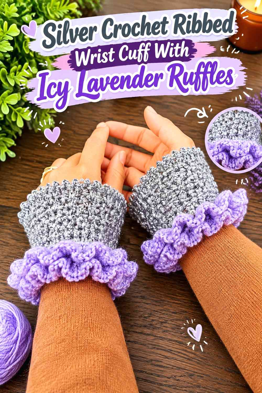 Silver Crochet Ribbed Wrist Cuff With Icy Lavender Ruffles