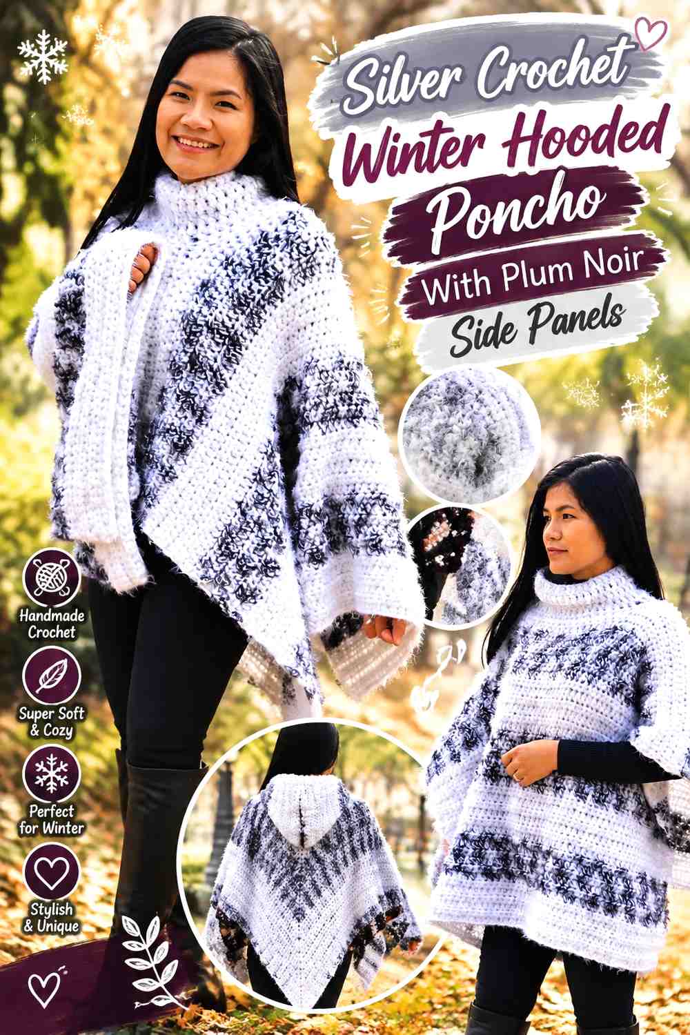 Silver Crochet Winter Hooded Poncho With Plum Noir Side Panels