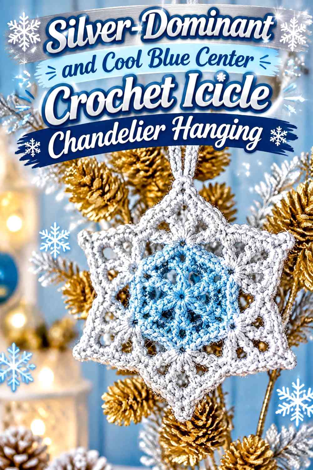 Silver-Dominant and Cool Blue Center Crochet Icicle Chandelier Hanging