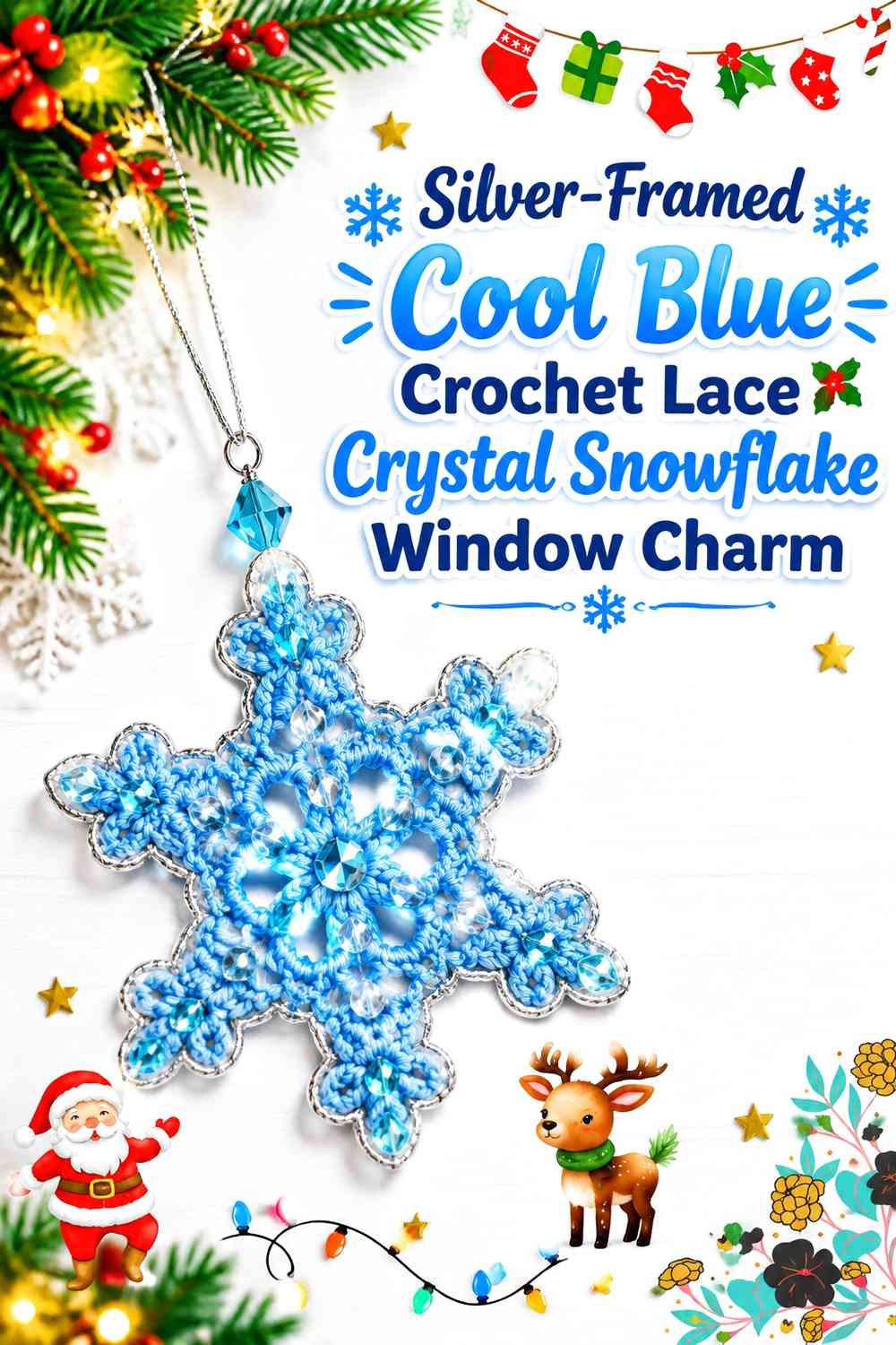 Silver-Framed Cool Blue Crochet Lace Crystal Snowflake Window Charm
