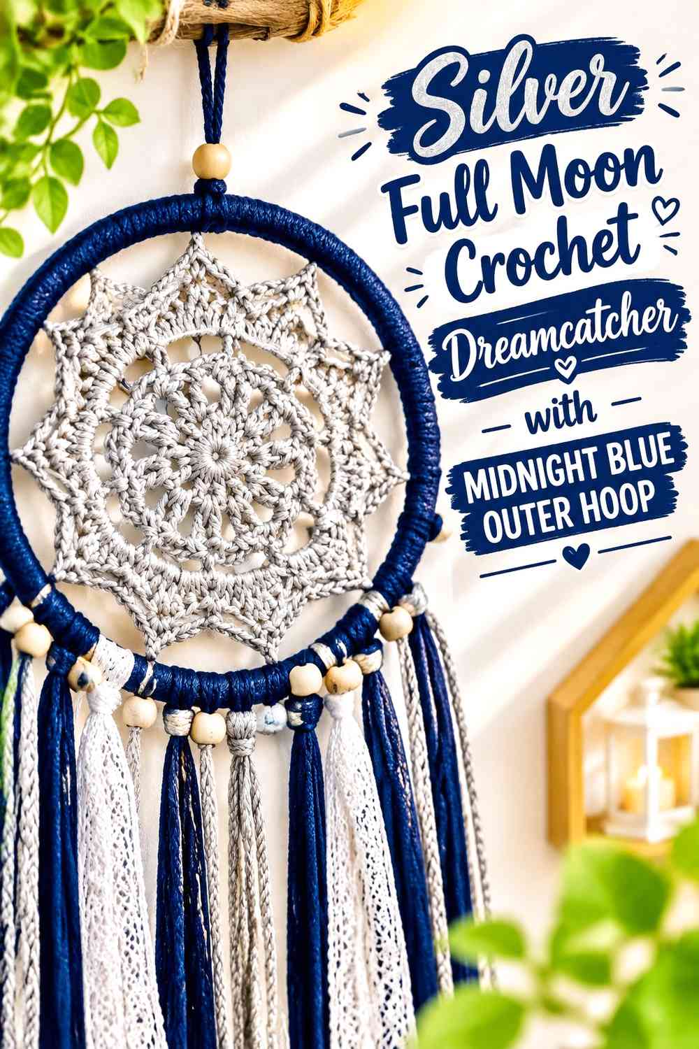 Silver Full Moon Crochet Dreamcatcher with Midnight Blue Outer Hoop