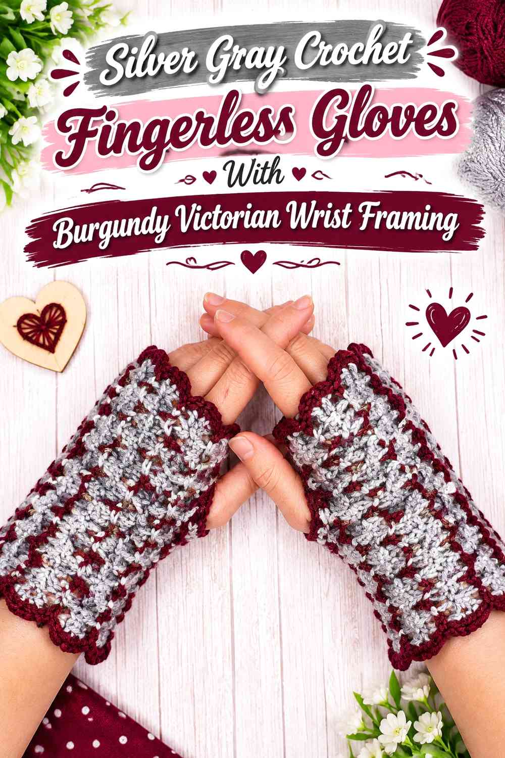 Silver Gray Crochet Fingerless Gloves With Burgundy Victorian Wrist Framing