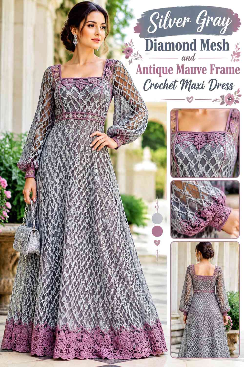 Silver Gray Diamond Mesh and Antique Mauve Frame Crochet Maxi Dress