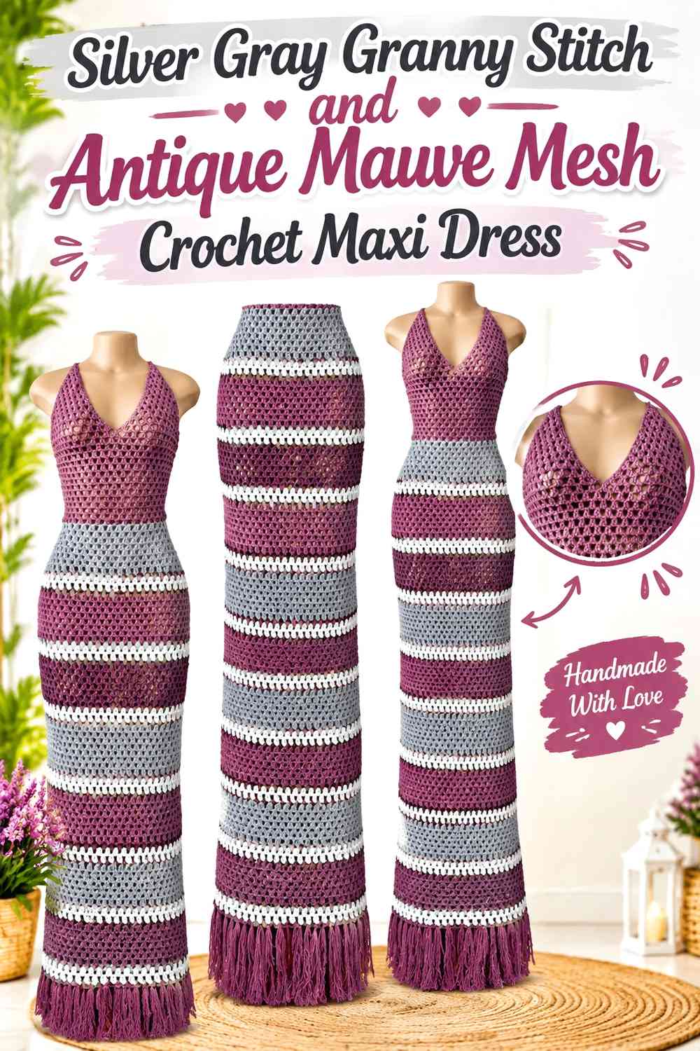 Silver Gray Granny Stitch and Antique Mauve Mesh Crochet Maxi Dress