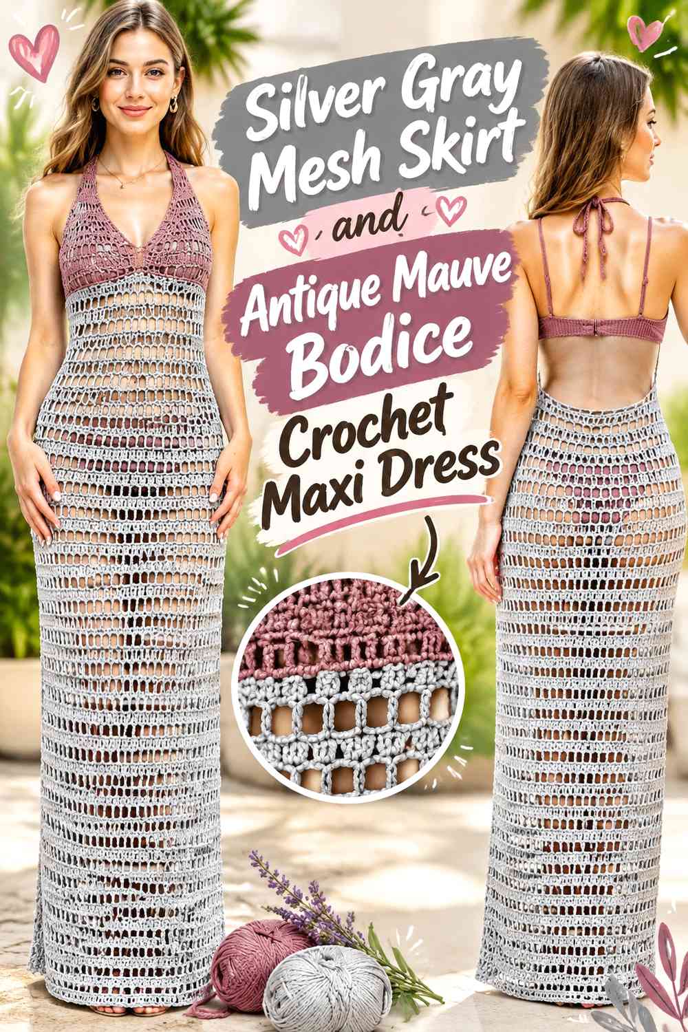 Silver Gray Mesh Skirt and Antique Mauve Bodice Crochet Maxi Dress
