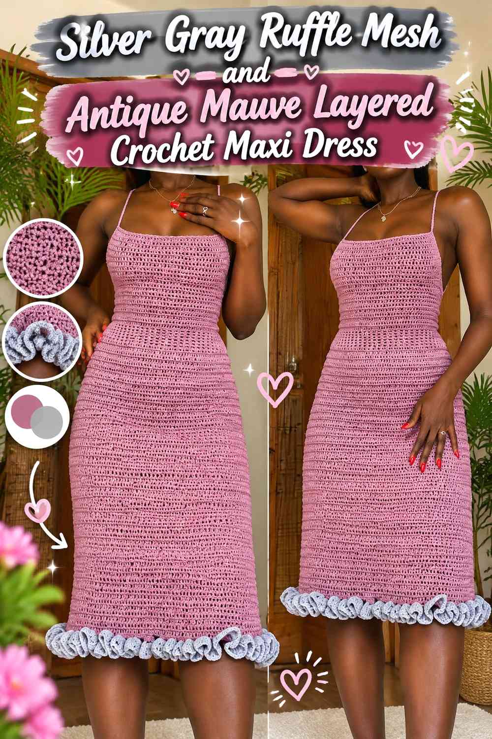 Silver Gray Ruffle Mesh and Antique Mauve Layered Crochet Maxi Dress