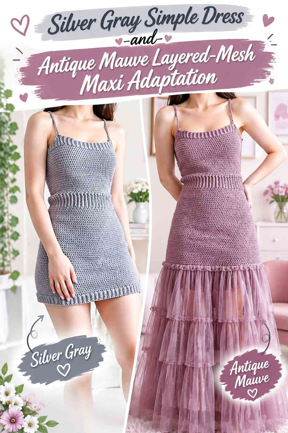 Silver Gray Simple Dress and Antique Mauve Layered-Mesh Maxi Adaptation