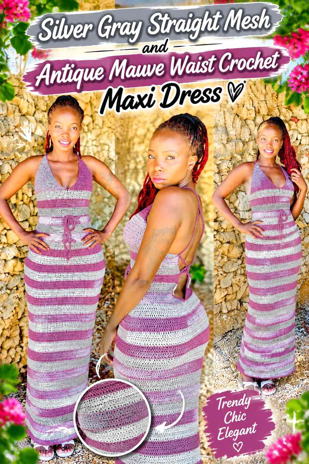 Silver Gray Straight Mesh and Antique Mauve Waist Crochet Maxi Dress