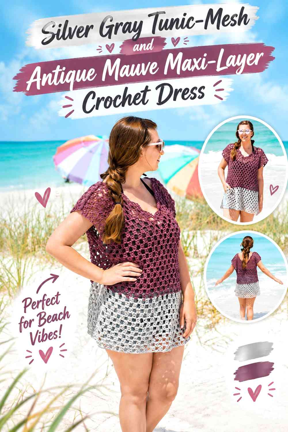 Silver Gray Tunic-Mesh and Antique Mauve Maxi-Layer Crochet Dress