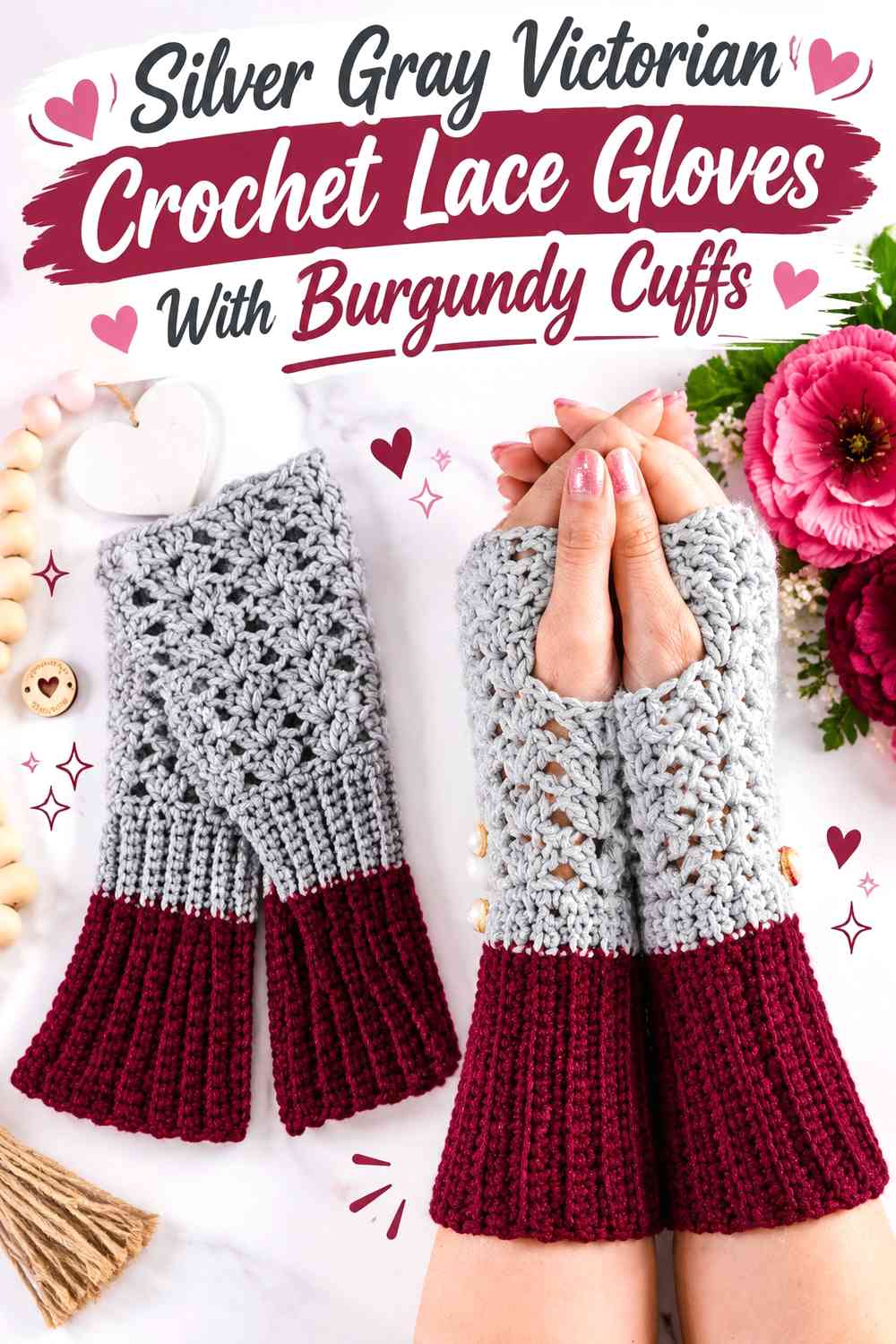 Silver Gray Victorian Crochet Lace Gloves With Burgundy Cuffs