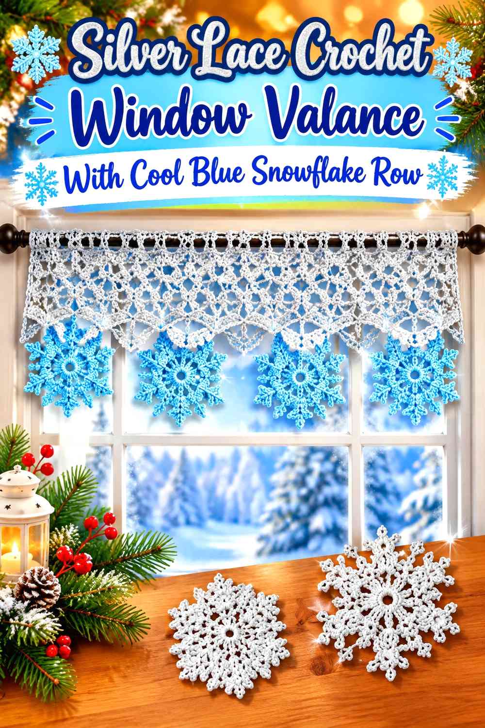 Silver Lace Crochet Window Valance With Cool Blue Snowflake Row