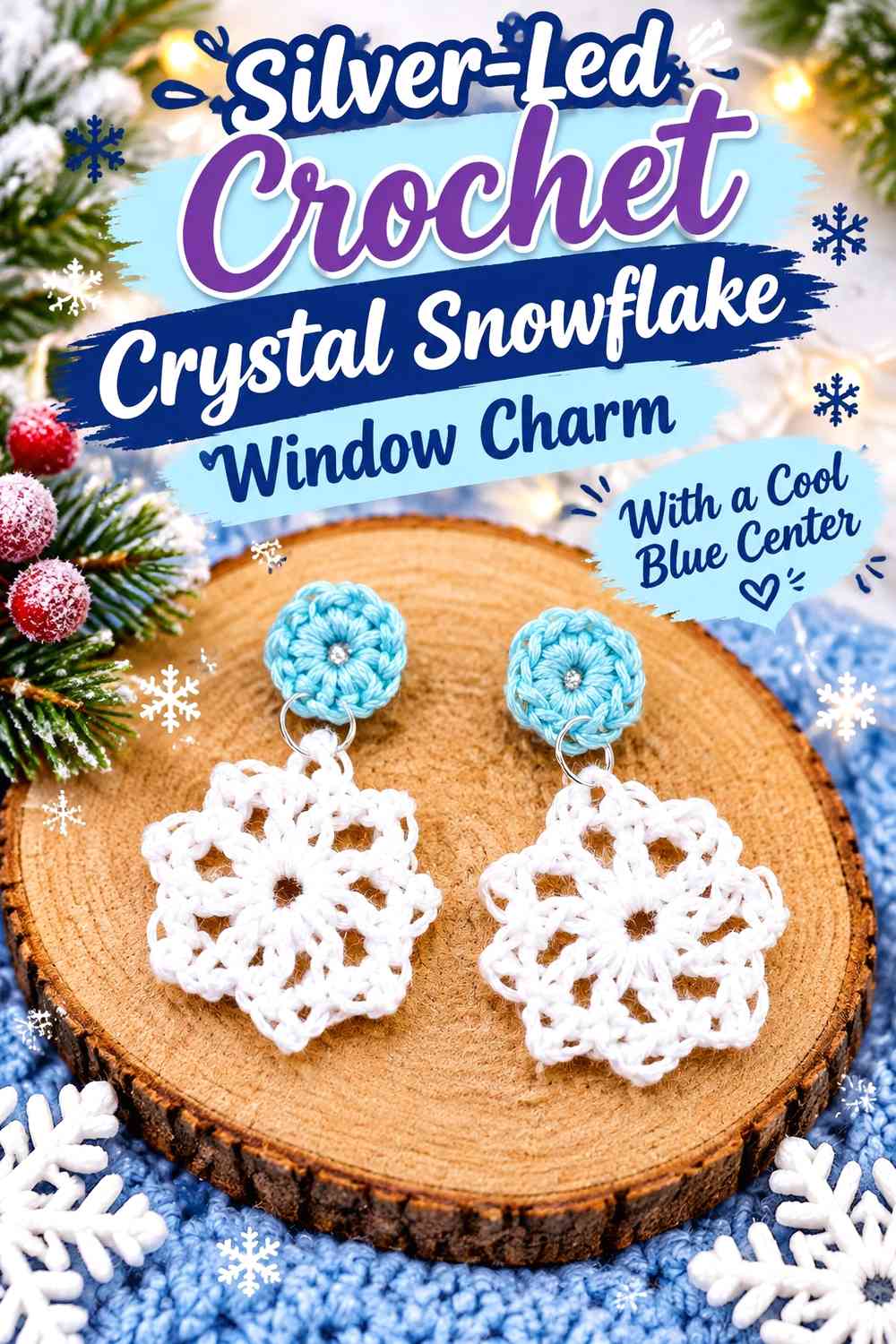 Silver-Led Crochet Crystal Snowflake Window Charm With a Cool Blue Center