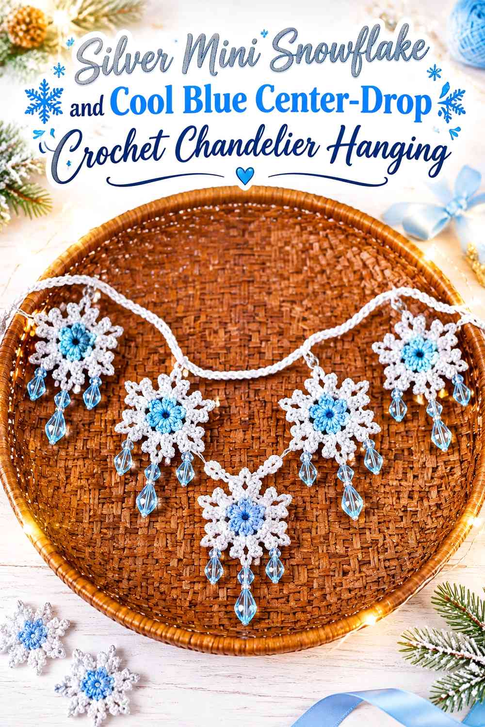 Silver Mini Snowflake and Cool Blue Center-Drop Crochet Chandelier Hanging