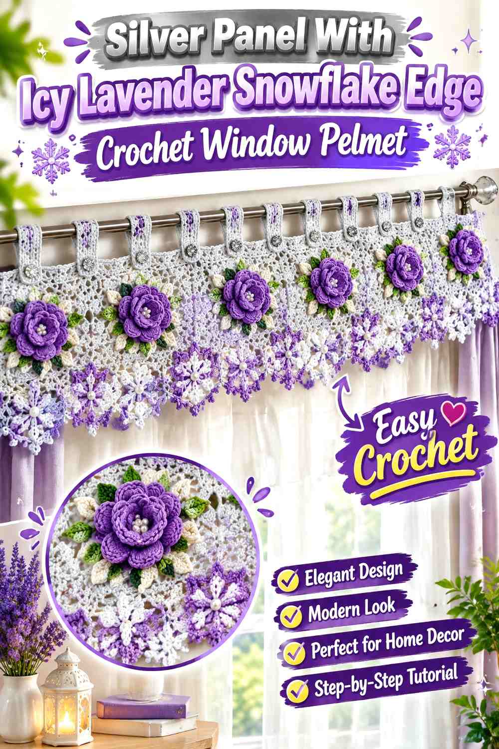 Silver Panel With Icy Lavender Snowflake Edge Crochet Window Pelmet