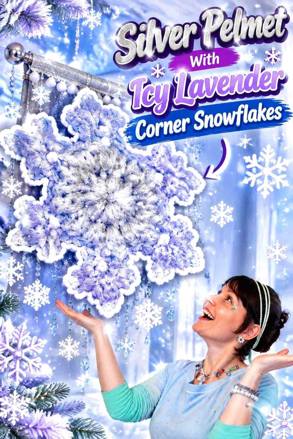 Silver Pelmet With Icy Lavender Corner Snowflakes