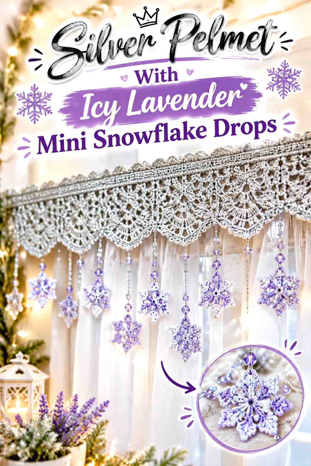 Silver Pelmet With Icy Lavender Mini Snowflake Drops