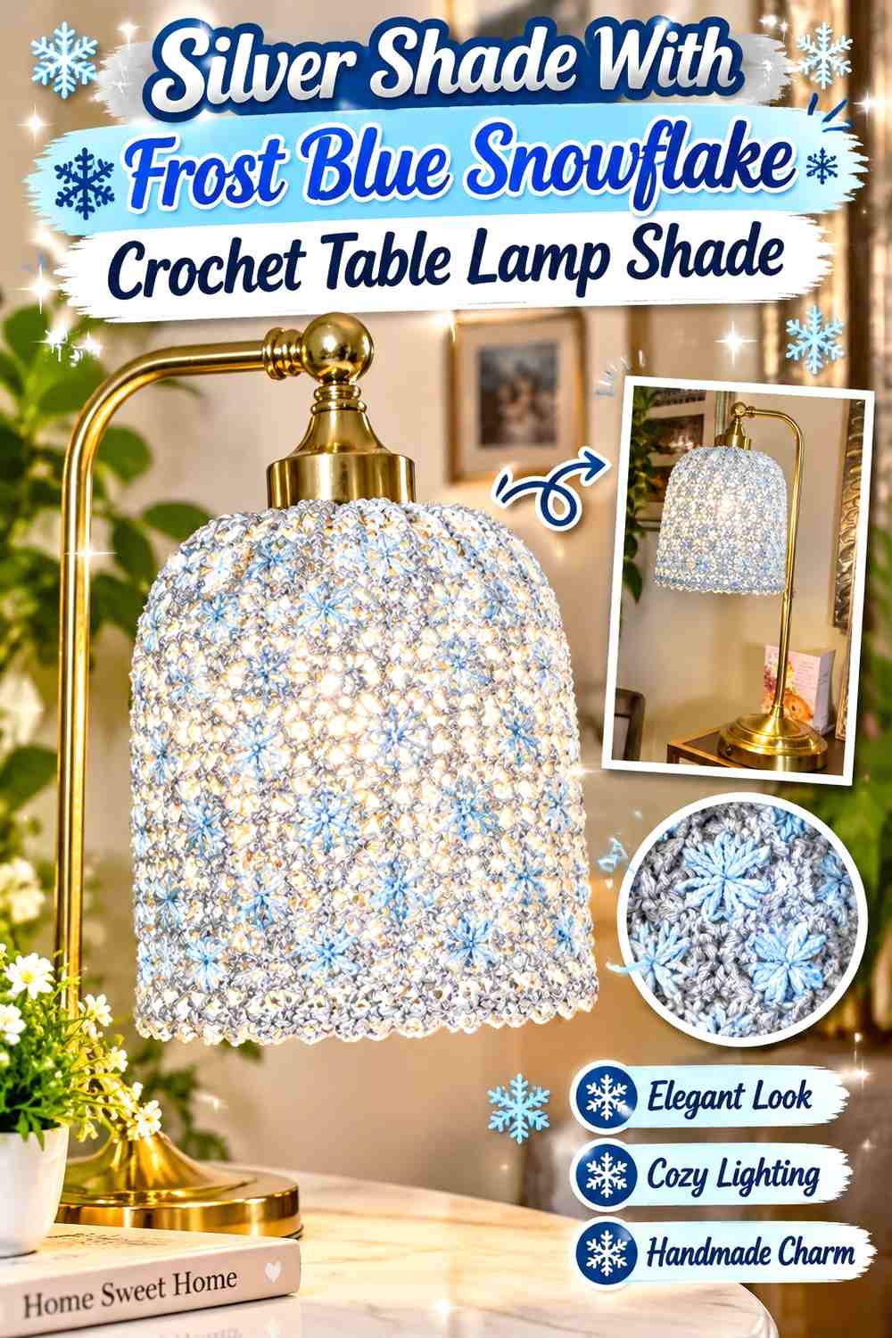 Silver Shade With Frost Blue Snowflake Crochet Table Lamp Shade