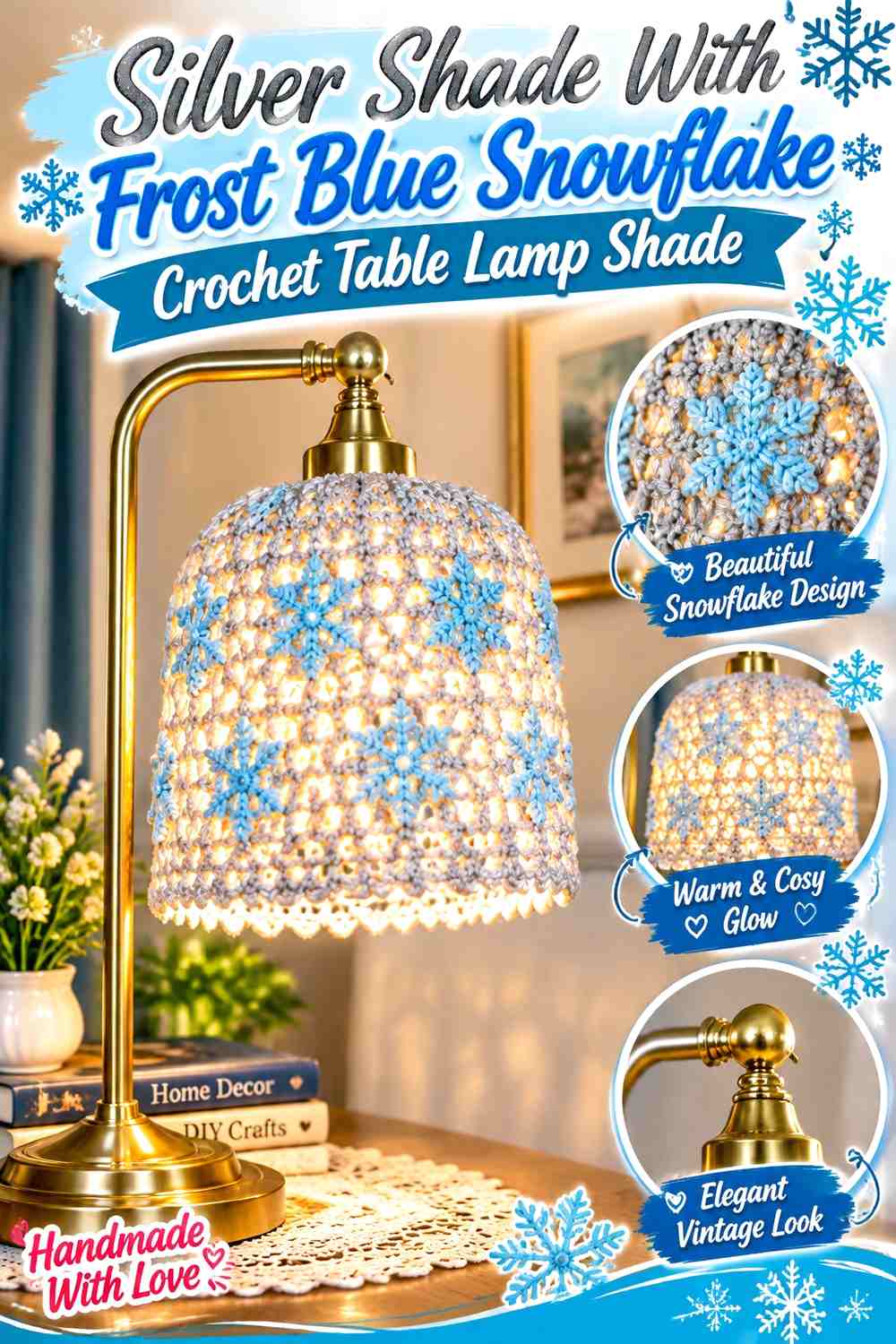 Silver Shade With Frost Blue Snowflake Crochet Table Lamp Shade
